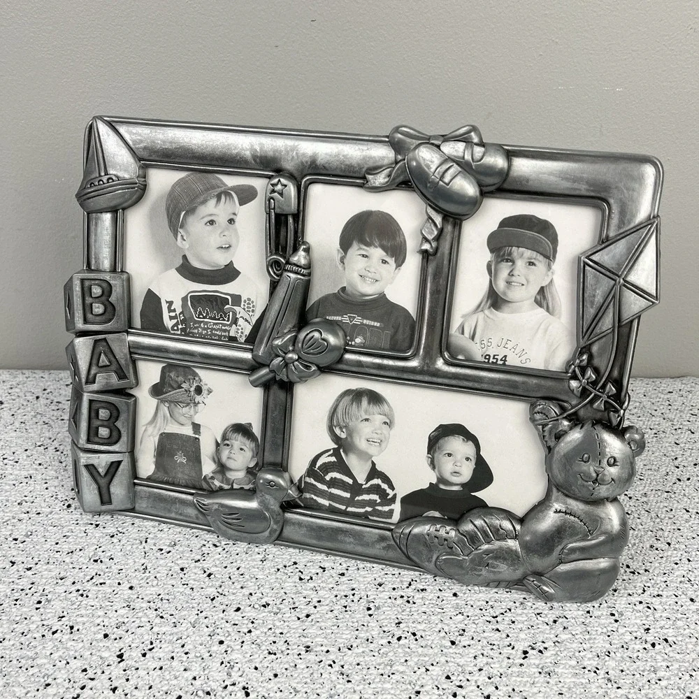 Vintage‎ Pewter BABY Photo Collage Picture Frame Easel Back Nursery